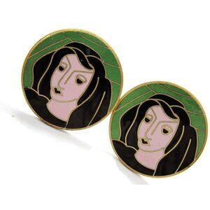 Vintage Cufflinks Enamel Woman Face Round Gold Tone Signed Pat Pend Black Hair